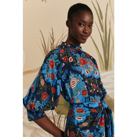 $298 NWT FARM RIO Blue & Red Arabesque Floral Midi Dress –  Medium - Picture 7 of 13